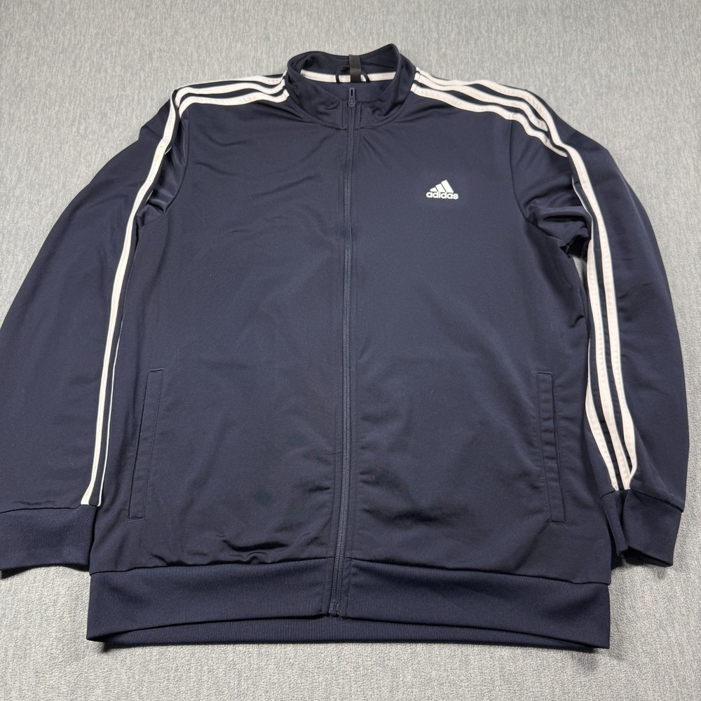 Adidas Jacket Mens XL Navy Blue 3 Stripes Full Zip Track Tricot Warm Up Athletic